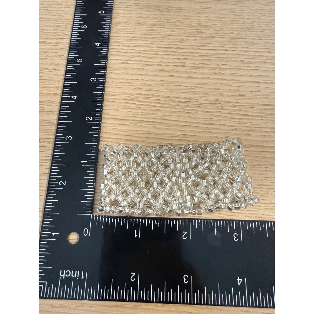 Vintage Style Clear‎ Silver Beaded Lattice Cuff Bracelet Wide Bridal Statement